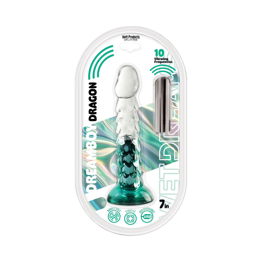 Wet Dreams Dream Boy Dragon Jelly Dildo 10 Freq Bullet Gradient Color 7in Aqua