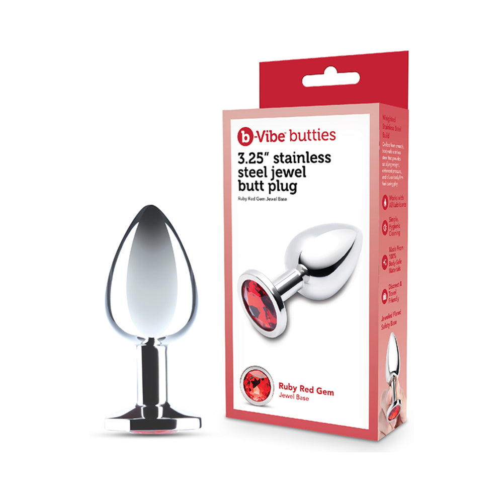 b-Vibe Essentials 3.25 in. Stainless Steel Jewel Butt Plug Red