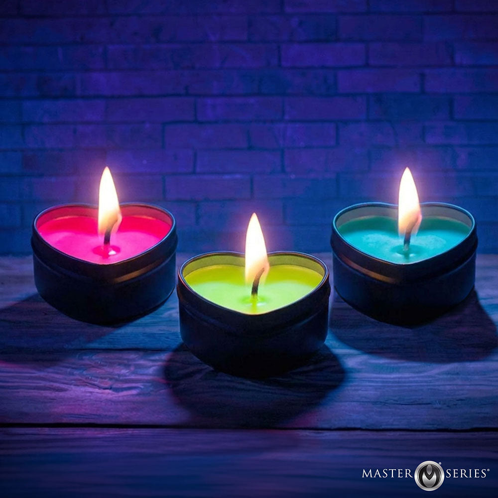 Master Series UV Blacklight Reactive Heart Drip Candle 3-Piece Set