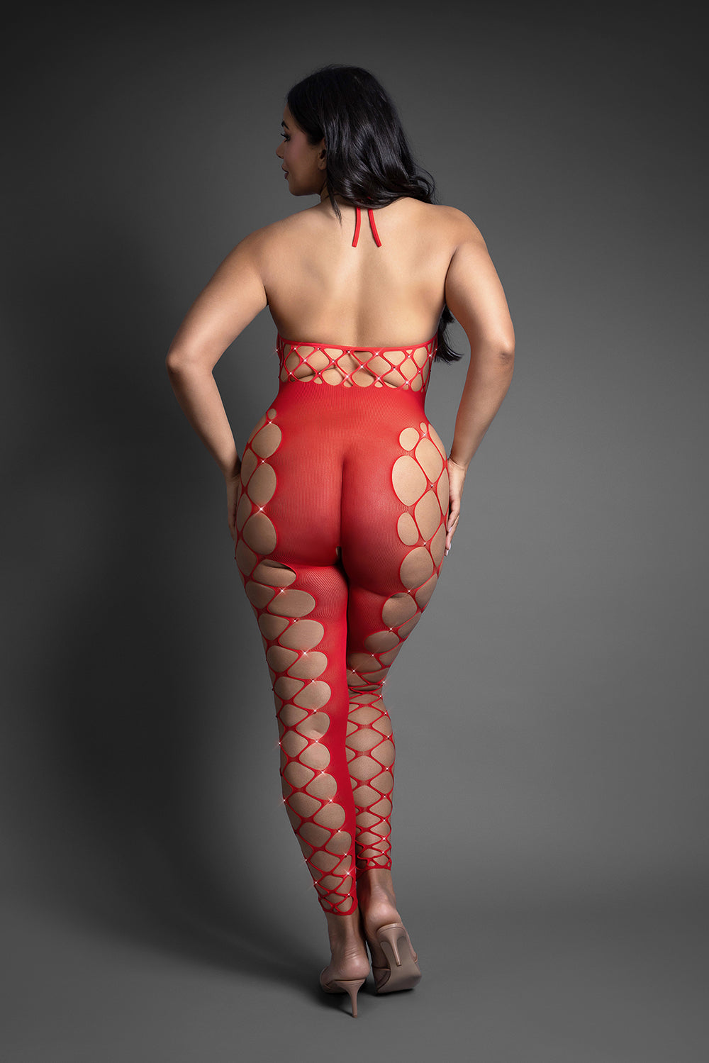 Fantasy Lingerie Sheer Crystal Club Slow Burn Footless Open Crotch Halter Bodystocking Queen Size