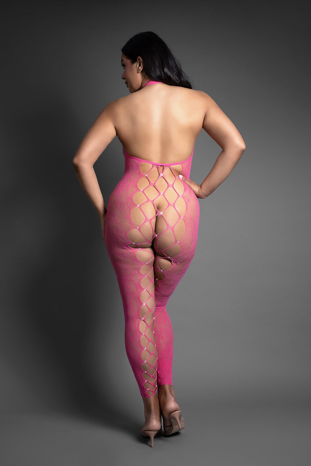 Fantasy Lingerie Sheer Crystal Club Tempt Me Footless Open Crotch Halter Bodystocking Queen Size