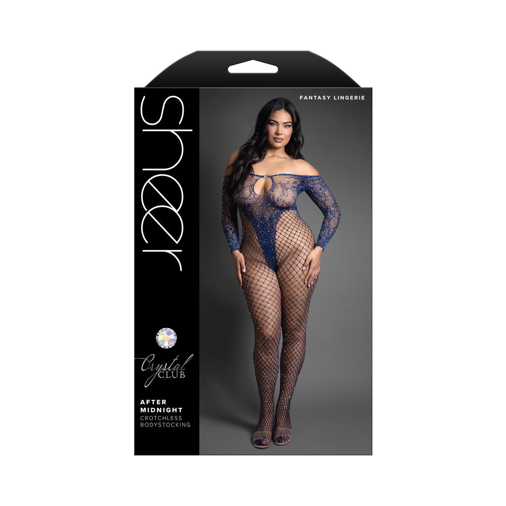 Fantasy Lingerie Sheer Crystal Club After Midnight Off-The-Shoulder Long Sleeve Bodystocking Queen Size