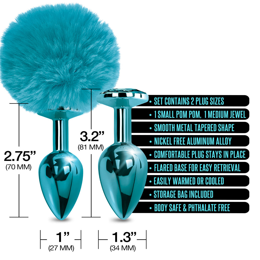 Nixie Metal Butt Plug Set Pom Pom And Jewel Inlaid Blue Metallic