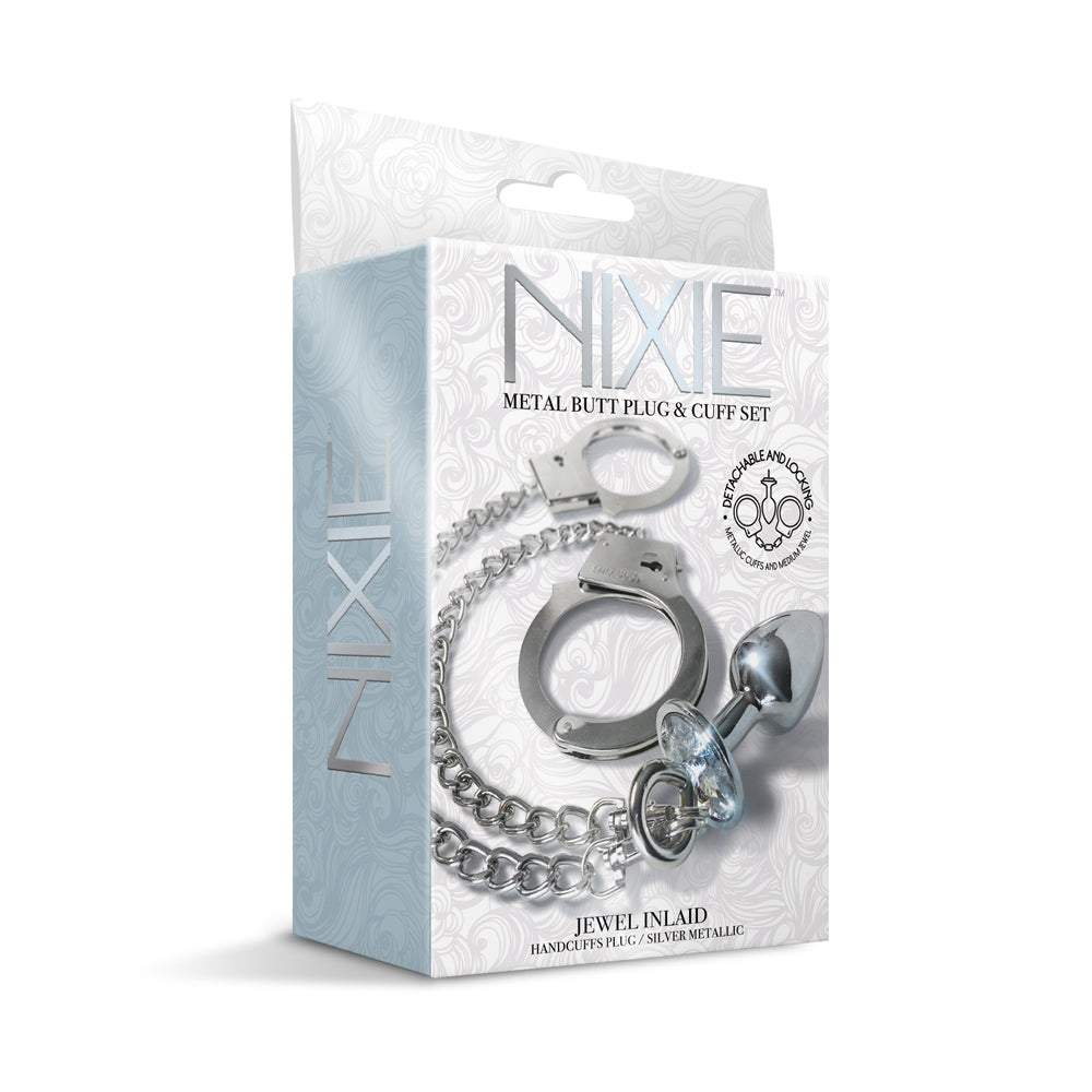 Nixie Metal Butt Plug & Furry Cuff Set Small Silver