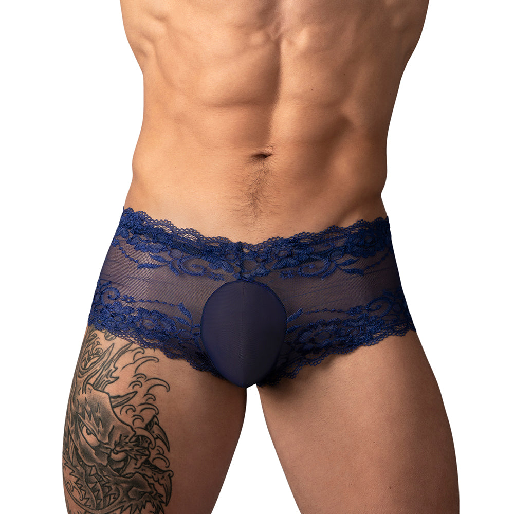 Male Power Sassy Lace Mini Short Sheer Pouch Navy L