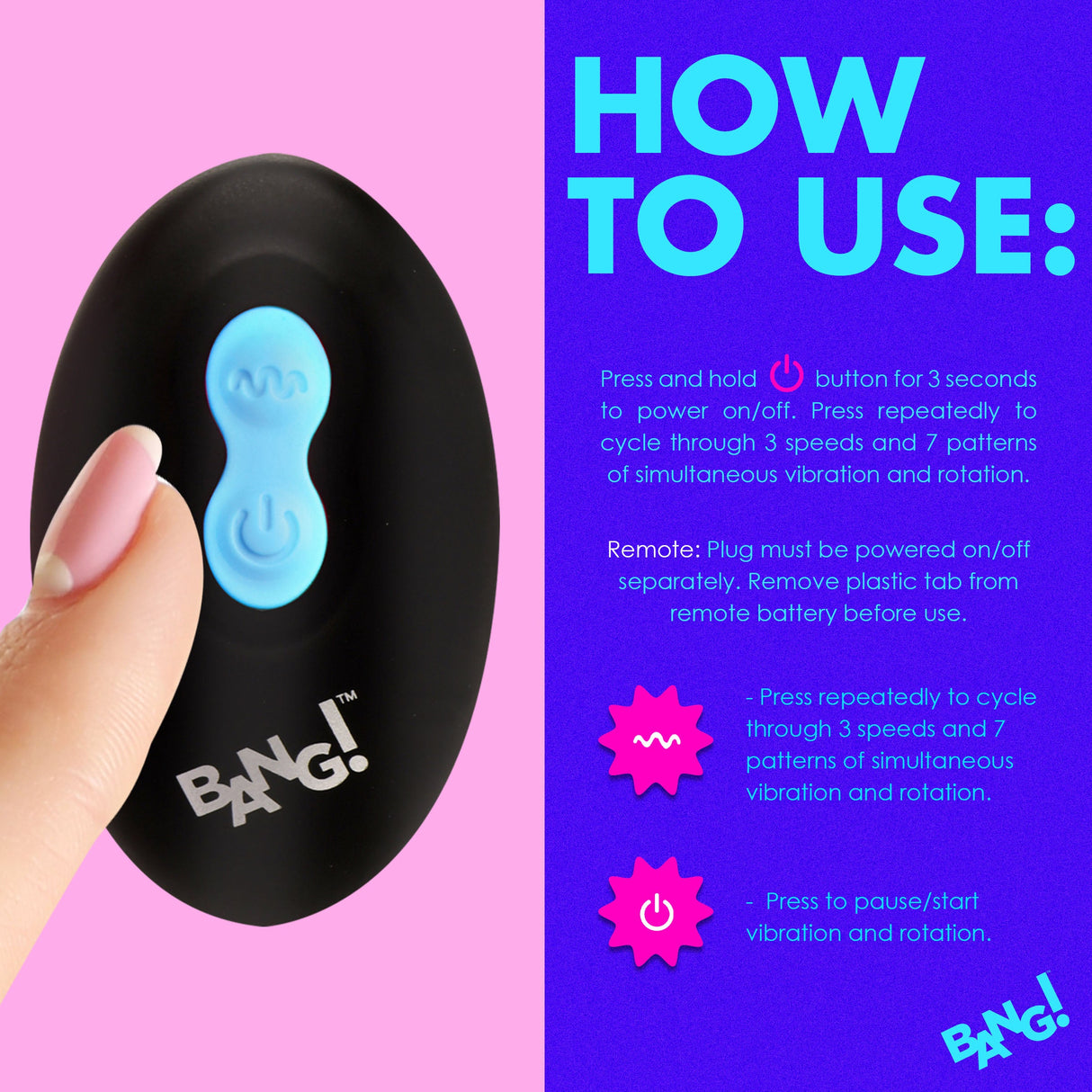 Rotating & Vibrating Silicone Butt Plug w/ Remote - Blue