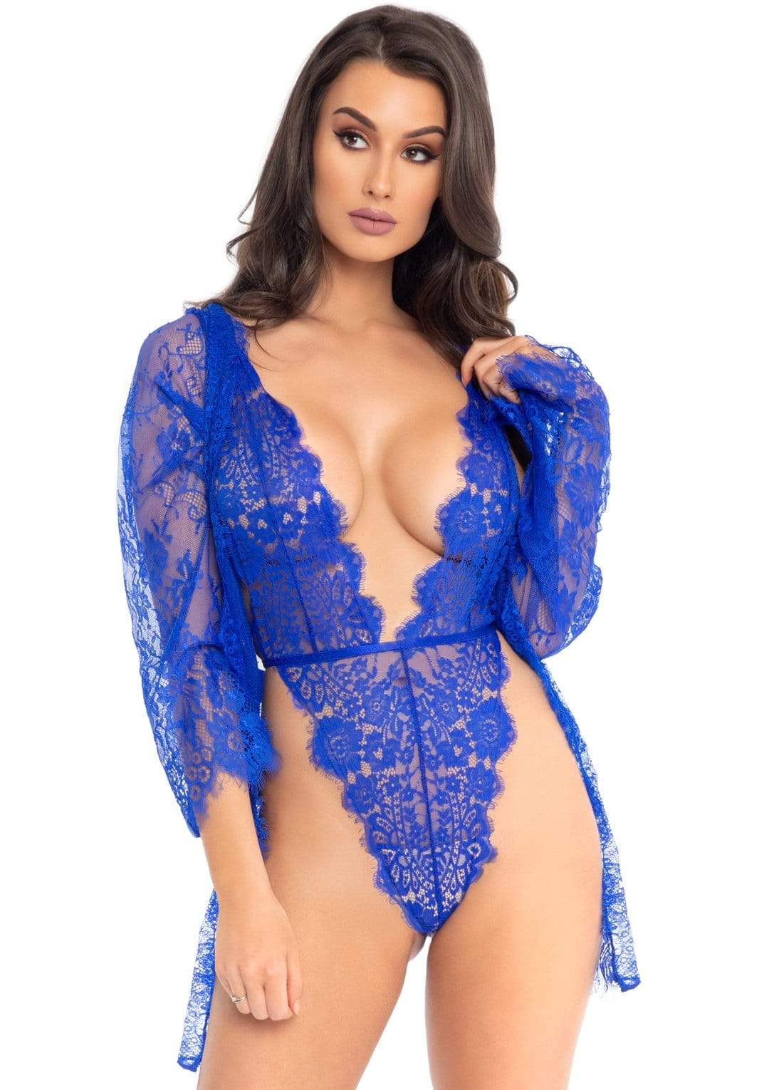 3pc Lace Teddy and Robe Set - Medium - Royal Blue