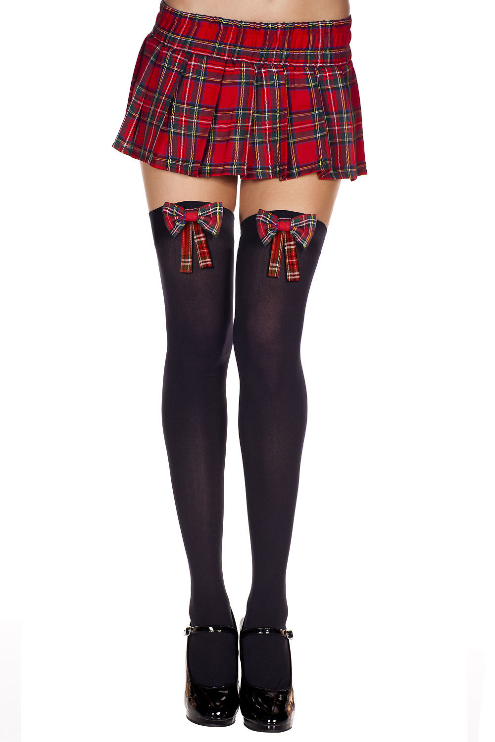 Plaid Bow Thigh Hi - One Size - Black / Plaid