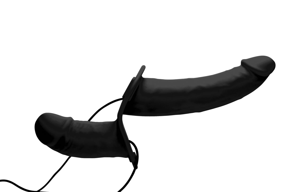 Power Pegger Silicone Vibrating Double Dildo With Harness - Black