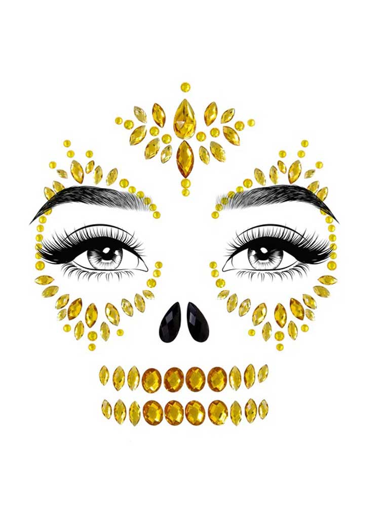 Sugar Skull Adhesive Face Jewels Sticker - Gold