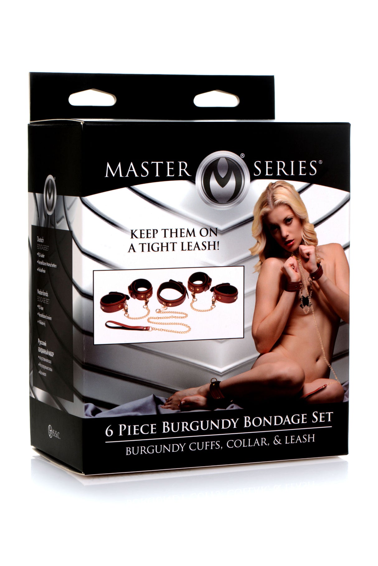 6 Piece Burgundy Bondage Set Burgundy Cuffs, Collar and Leash