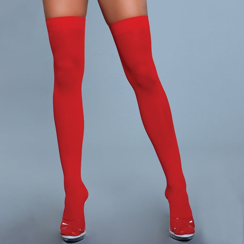 BeWicked Opaque Nylon Thigh Highs-Red O/S