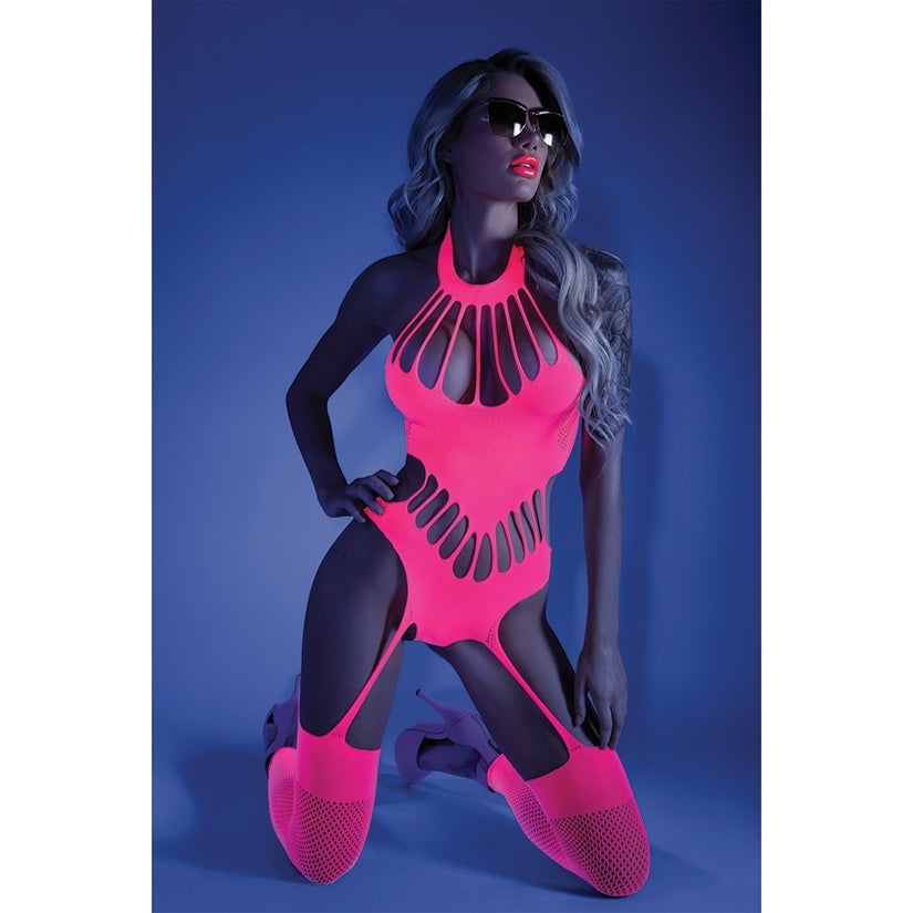 Fantasy Lingerie Glow No Promises Teddy Bodystocking -Neon Pink O/S-Boxed