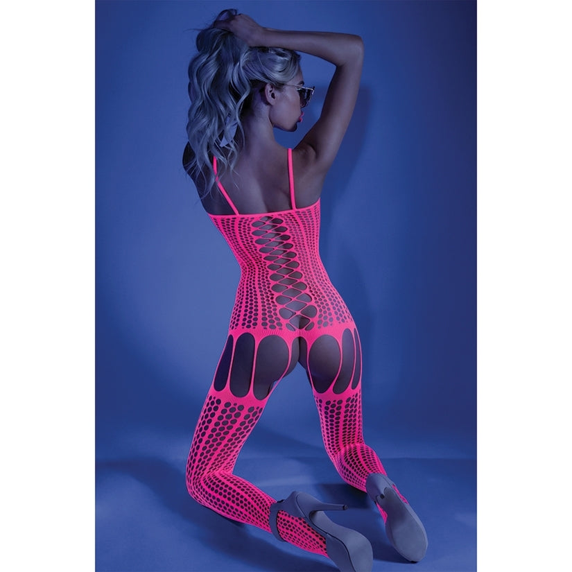 Fantasy Lingerie Glow Crisscross Stripe Bodystocking-Neon Pink O/S-Boxed