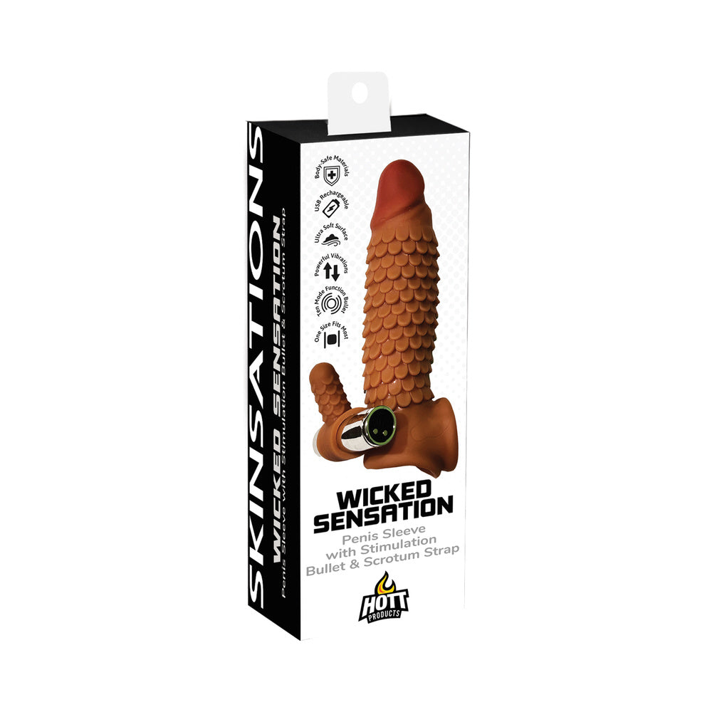 Skinsations Wicked Sensation Textured Penis Sleeve With Scrotum Strap Multi-Speed Bullet Rechargeable