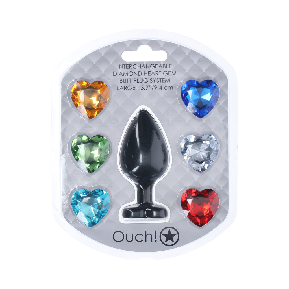 Ouch! Large Heart Diamond Butt Plug 6 Jewels Black