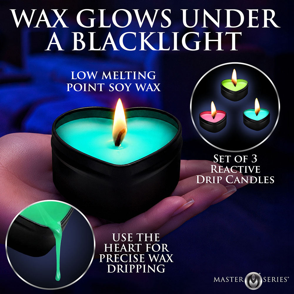 Master Series UV Blacklight Reactive Heart Drip Candle 3-Piece Set