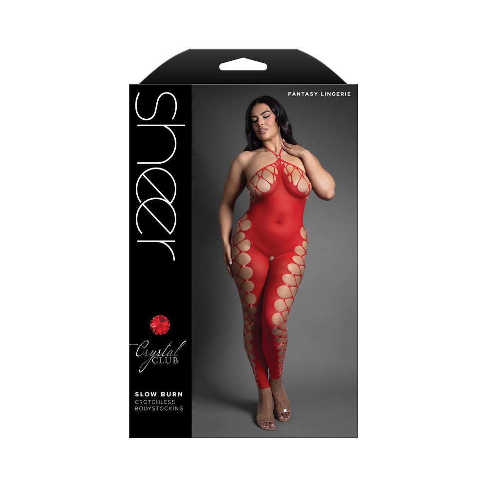 Fantasy Lingerie Sheer Crystal Club Slow Burn Footless Open Crotch Halter Bodystocking Queen Size