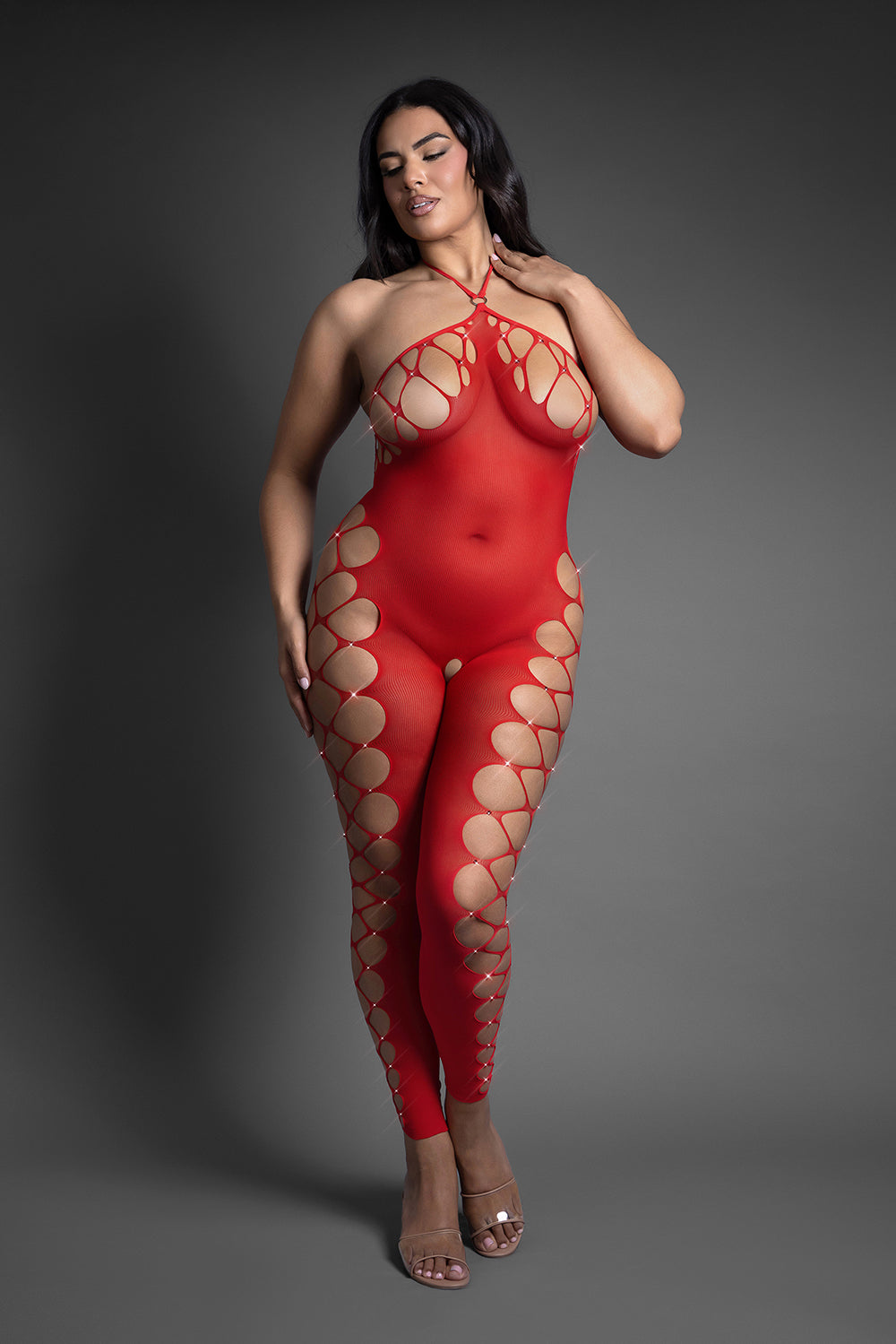 Fantasy Lingerie Sheer Crystal Club Slow Burn Footless Open Crotch Halter Bodystocking Queen Size