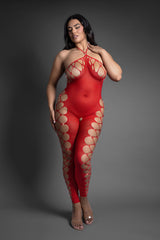 Fantasy Lingerie Sheer Crystal Club Slow Burn Footless Open Crotch Halter Bodystocking Queen Size