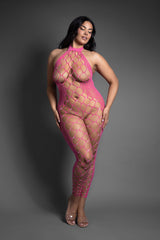 Fantasy Lingerie Sheer Crystal Club Tempt Me Footless Open Crotch Halter Bodystocking Queen Size