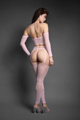 Fantasy Lingerie Sheer Crystal Club Last Call Off-The-Shoulder Top and Footless Garter Stockings with G-String O/S