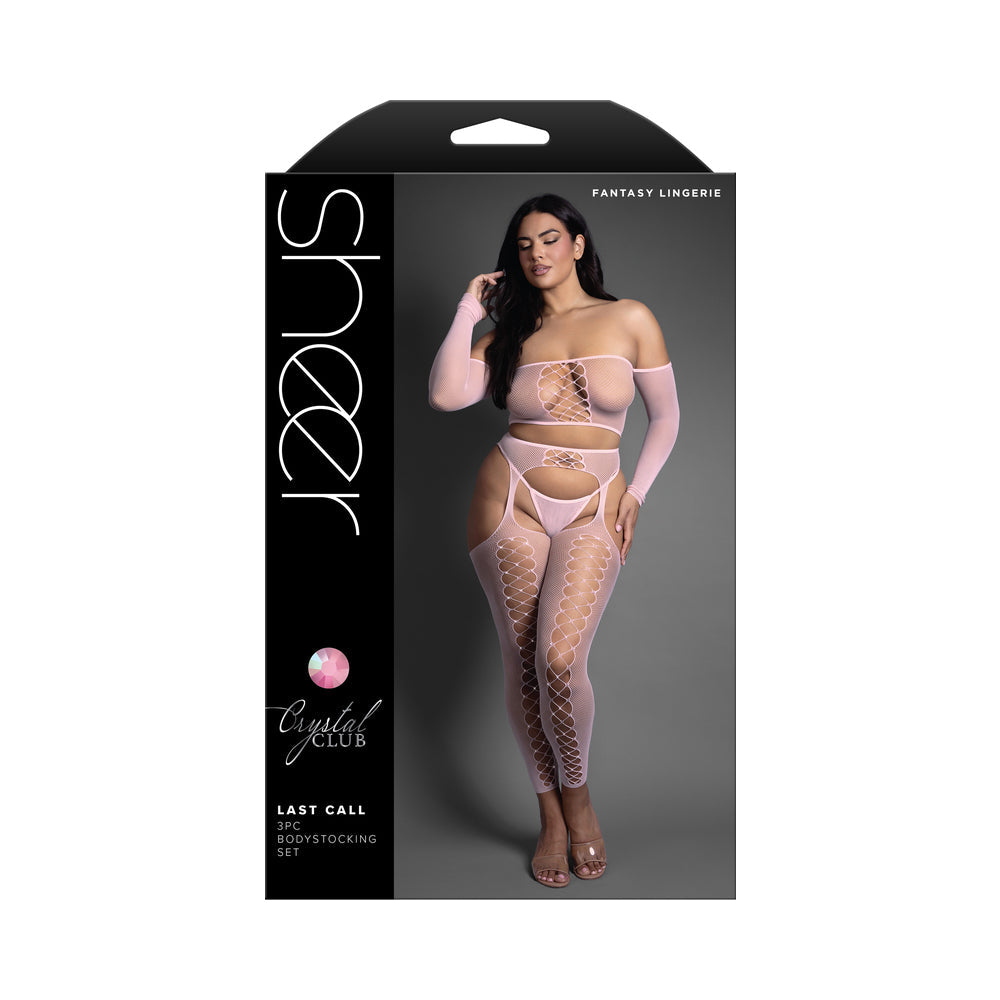 Fantasy Lingerie Sheer Crystal Club Last Call Off-The-Shoulder Top and Footless Garter Stockings with G-String Queen Size