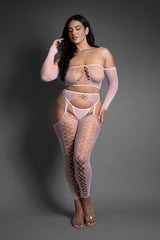 Fantasy Lingerie Sheer Crystal Club Last Call Off-The-Shoulder Top and Footless Garter Stockings with G-String Queen Size