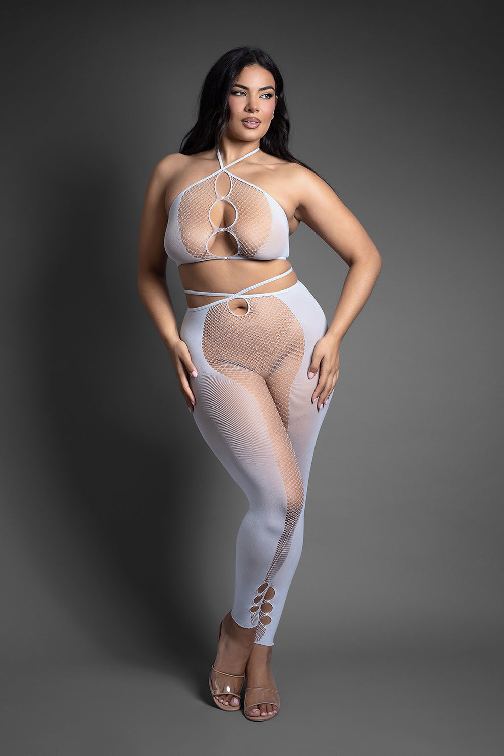 Fantasy Lingerie Sheer Crystal Club Pull Me Closer Halter Top and Footless Open Crotch Stockings Queen Size