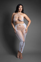 Fantasy Lingerie Sheer Crystal Club Pull Me Closer Halter Top and Footless Open Crotch Stockings Queen Size