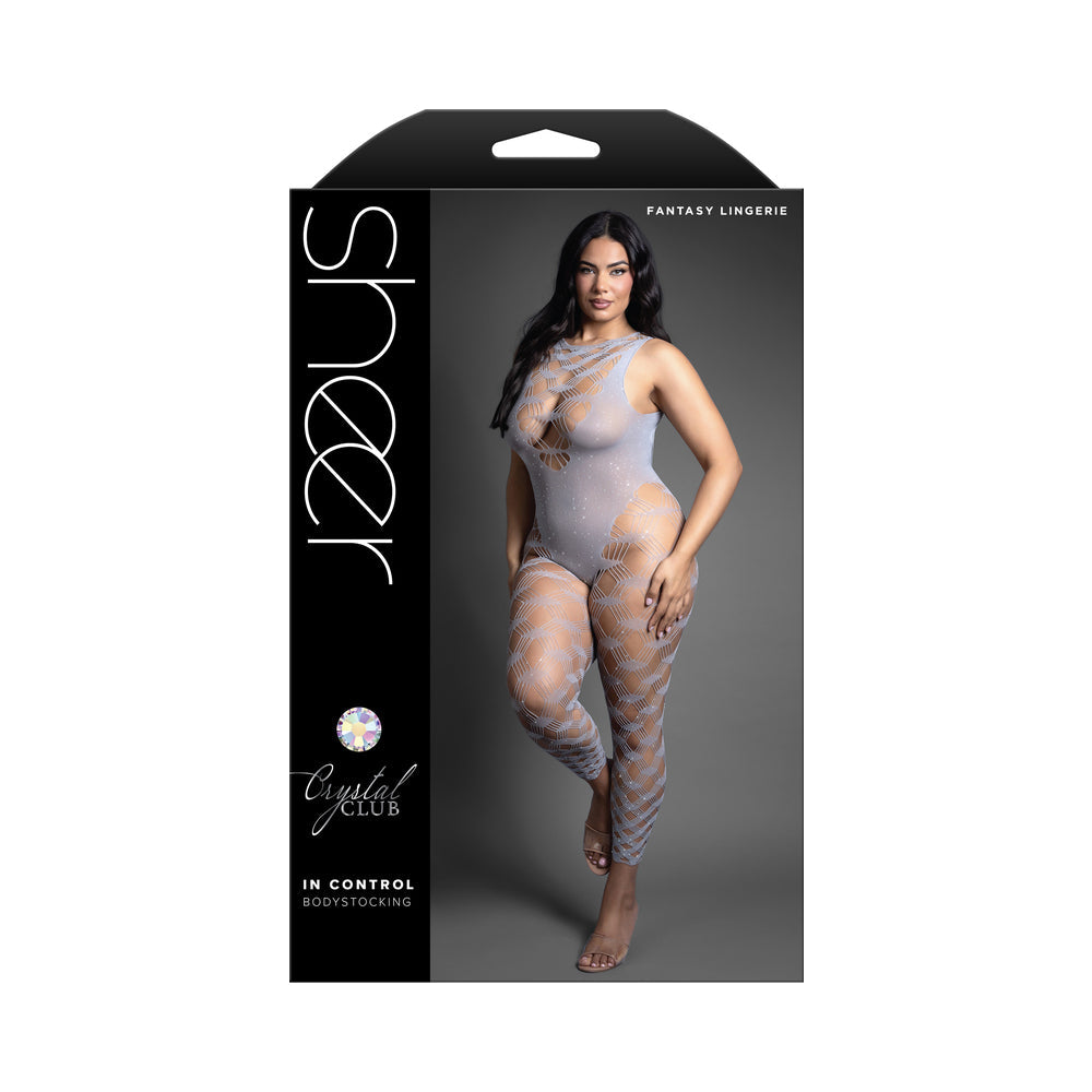 Fantasy Lingerie Sheer Crystal Club In Control Footless Open Back Bodystocking Queen Size