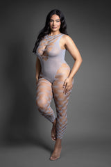 Fantasy Lingerie Sheer Crystal Club In Control Footless Open Back Bodystocking Queen Size