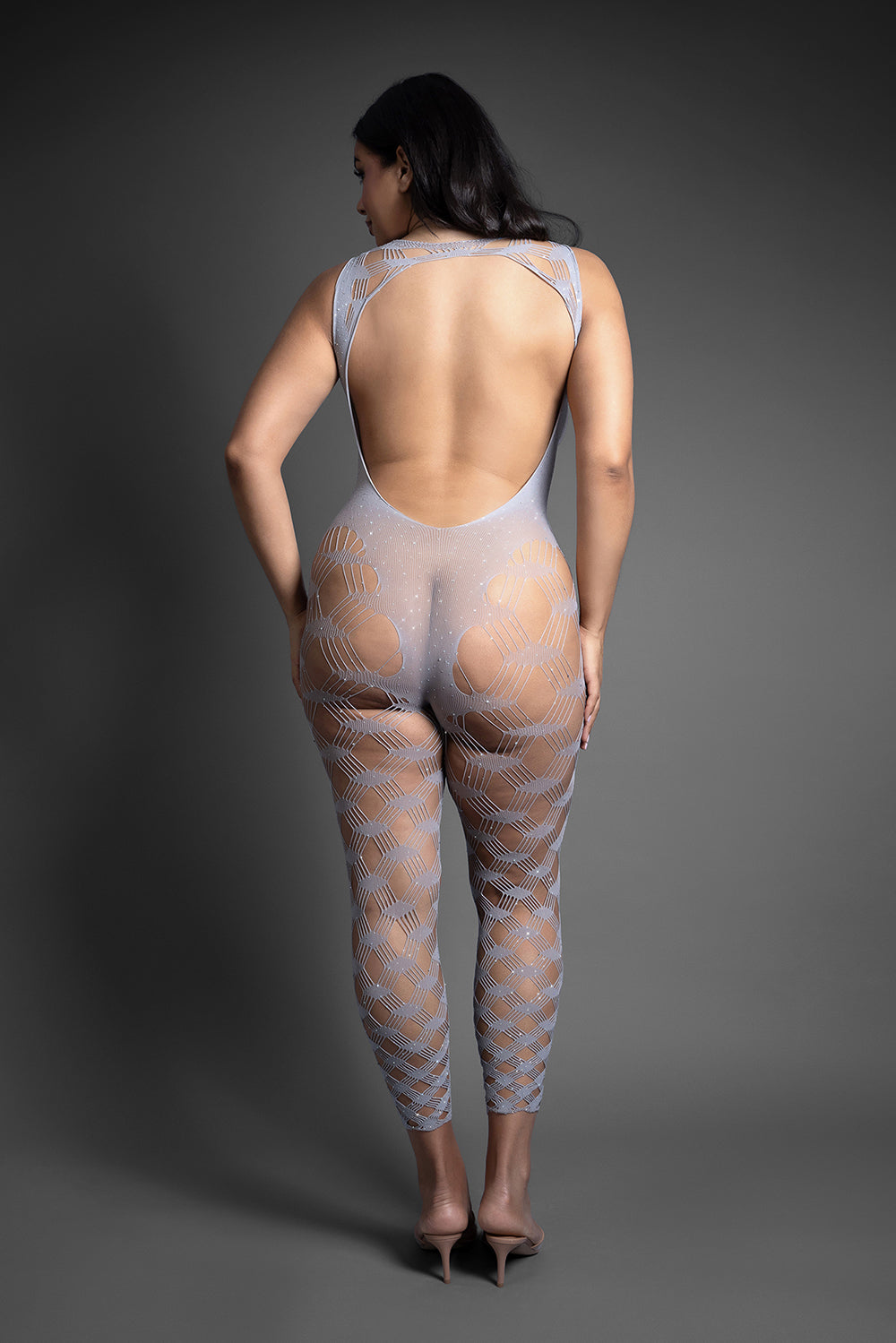 Fantasy Lingerie Sheer Crystal Club In Control Footless Open Back Bodystocking Queen Size