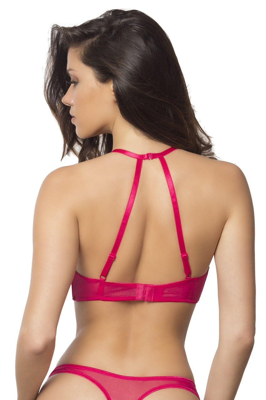 High Neck Bra With Diagonal Eyelash Lace Panels - Small - Bright Rose