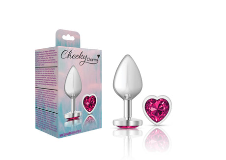 Cheeky Charms-Silver Metal Butt Plug- Heart-Bright Pink