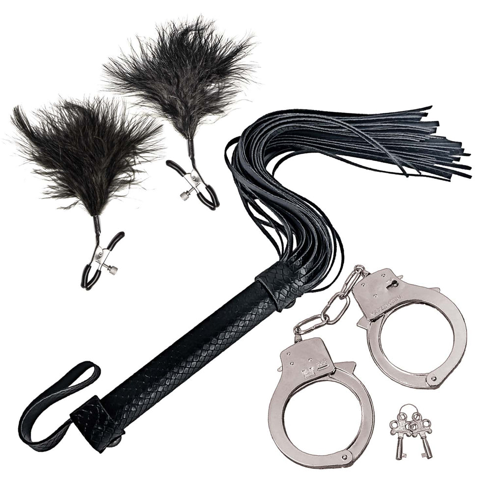 Bondage By Nasstoys Whip, Feather & Cuffs Black