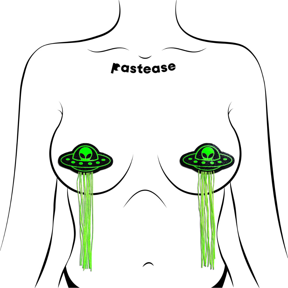 Pastease Tassel Ufo Alien Glow-In-The-Dark Neon Green On Black Nipple Pasties