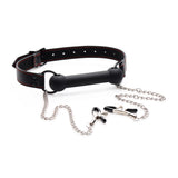 Strict Black Silicone Bit Gag With Nipple Clamps