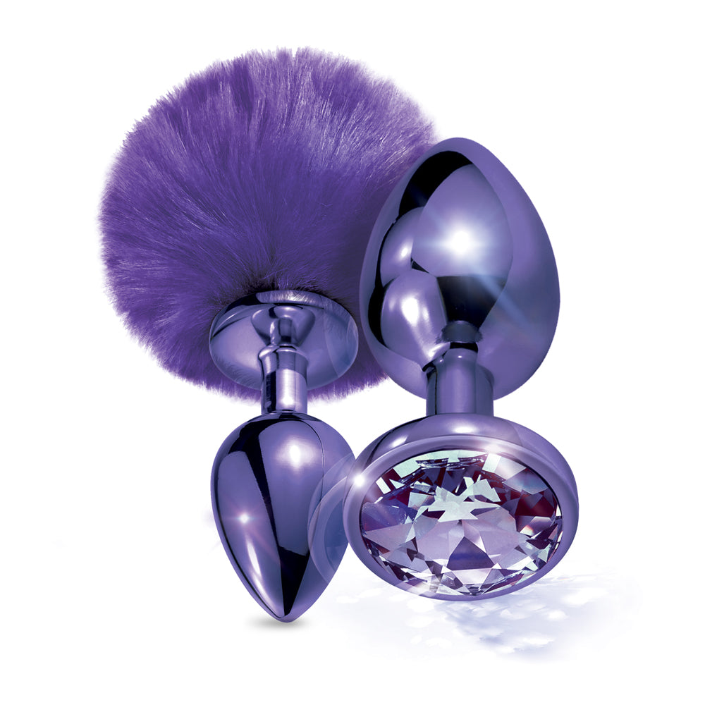 Nixie Metal Butt Plug Set Pom Pom And Jewel Inlaid Purple Metallic