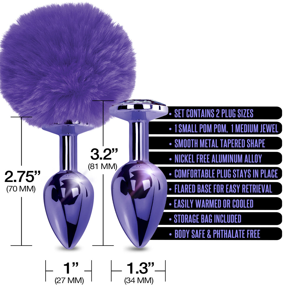 Nixie Metal Butt Plug Set Pom Pom And Jewel Inlaid Purple Metallic