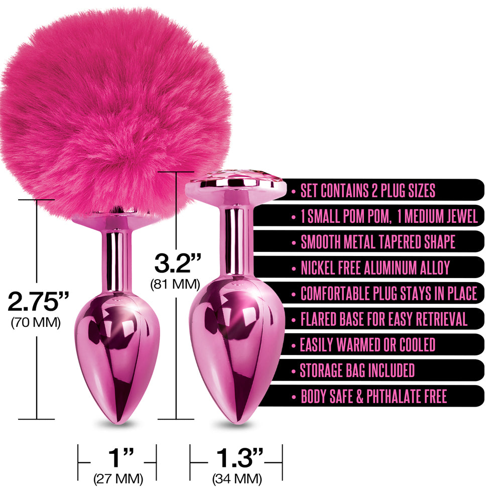 Nixie Metal Butt Plug Set Pom Pom And Jewel Inlaid Pink Metallic