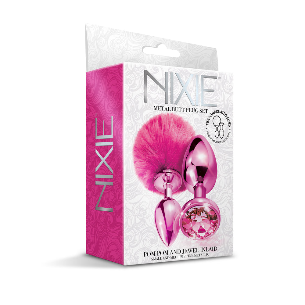 Nixie Metal Butt Plug Set Pom Pom And Jewel Inlaid Pink Metallic