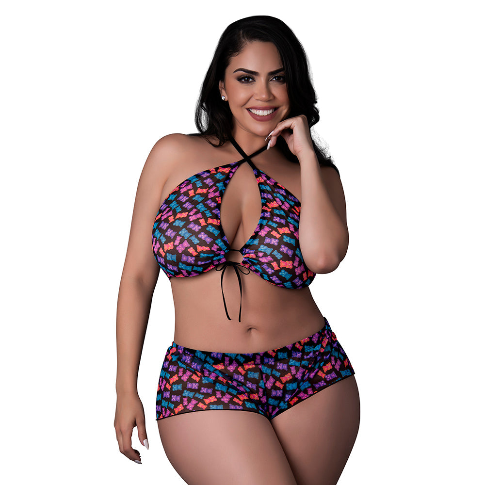 Magic Silk Hazy Dayz Halter Top & Hot Short Set Gummy Bears Queen Size