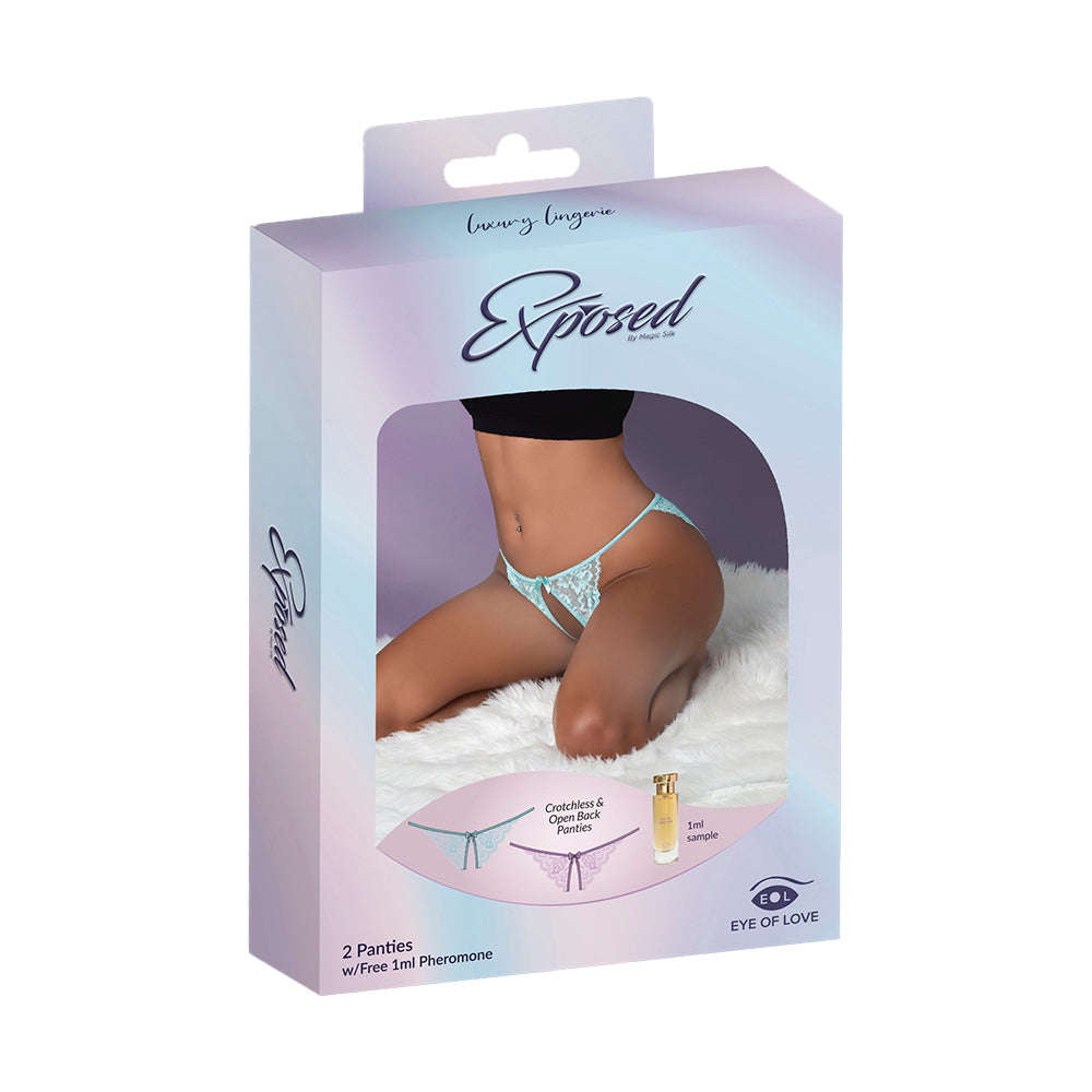 Magic Silk Pheromone Panties Crotchless & Open Back Panty 2-Pack Lilac/Aqua S/M