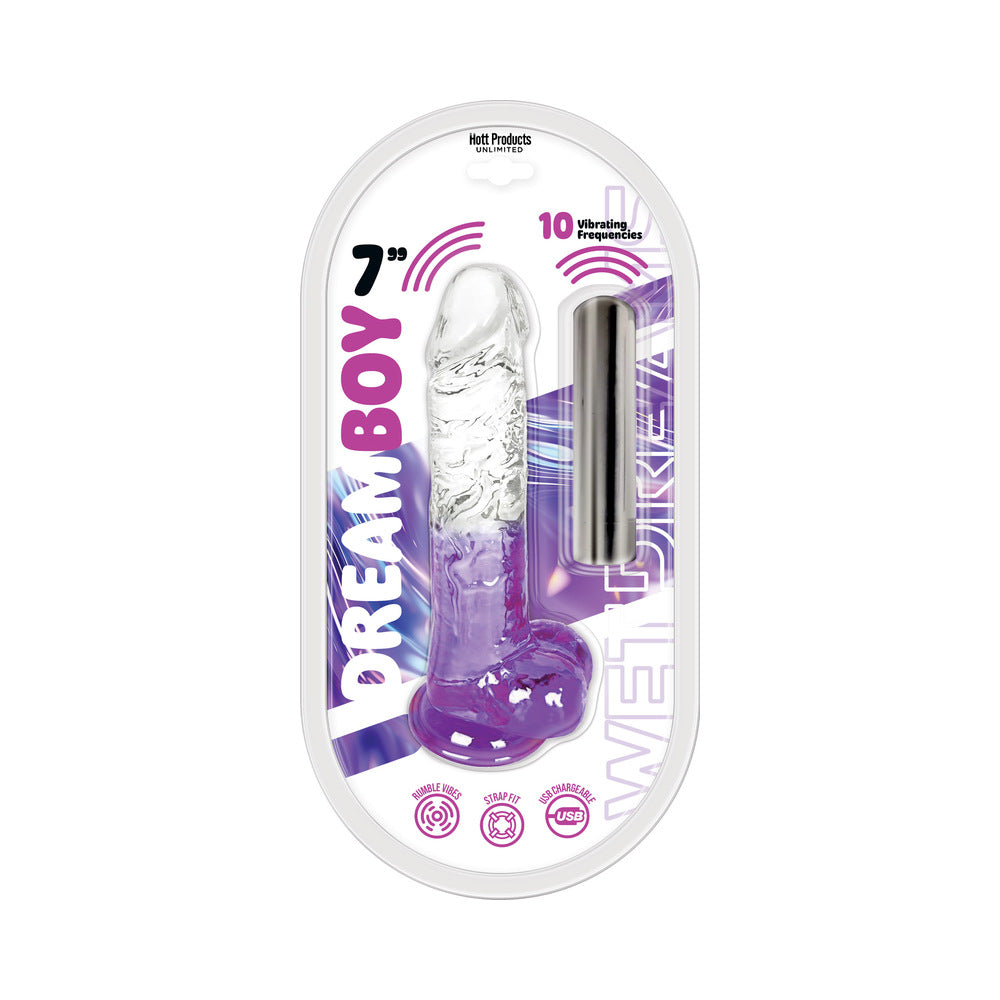 Wet Dreams Dream Boy 7 in. Jelly Dildo with Rechargeable Multi-Speed Bullet Clear/Lavender Gradient