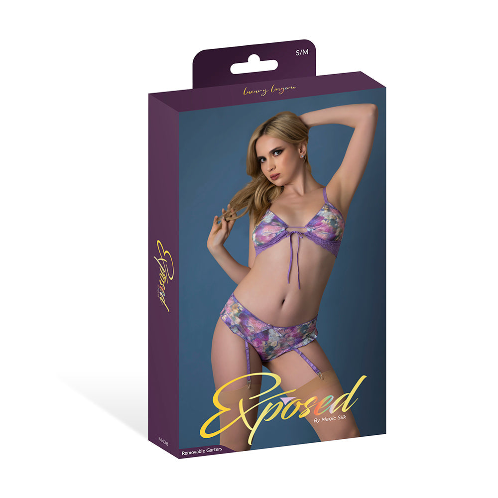 Magic Silk Wisteria Mist Bralette & Panty with Removable Garters Floral L/XL