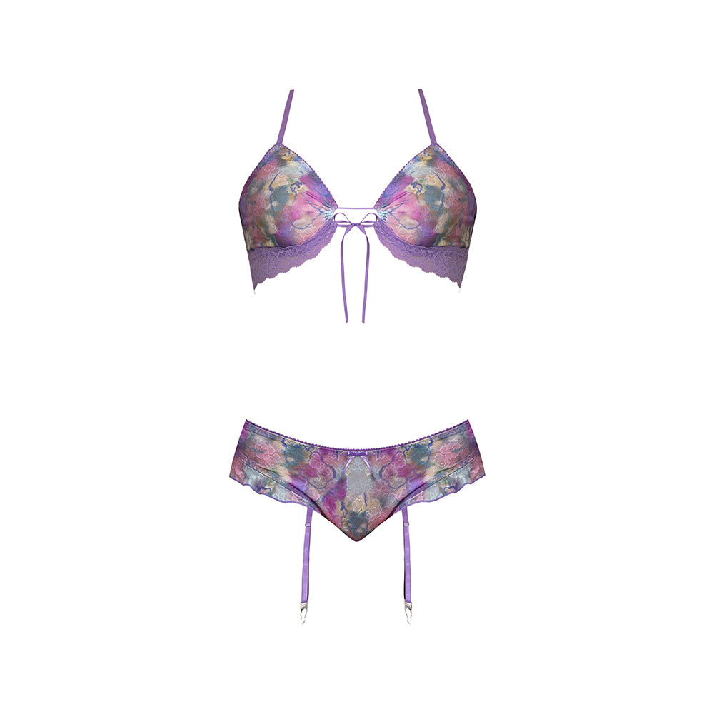 Magic Silk Wisteria Mist Bralette & Panty with Removable Garters Floral L/XL