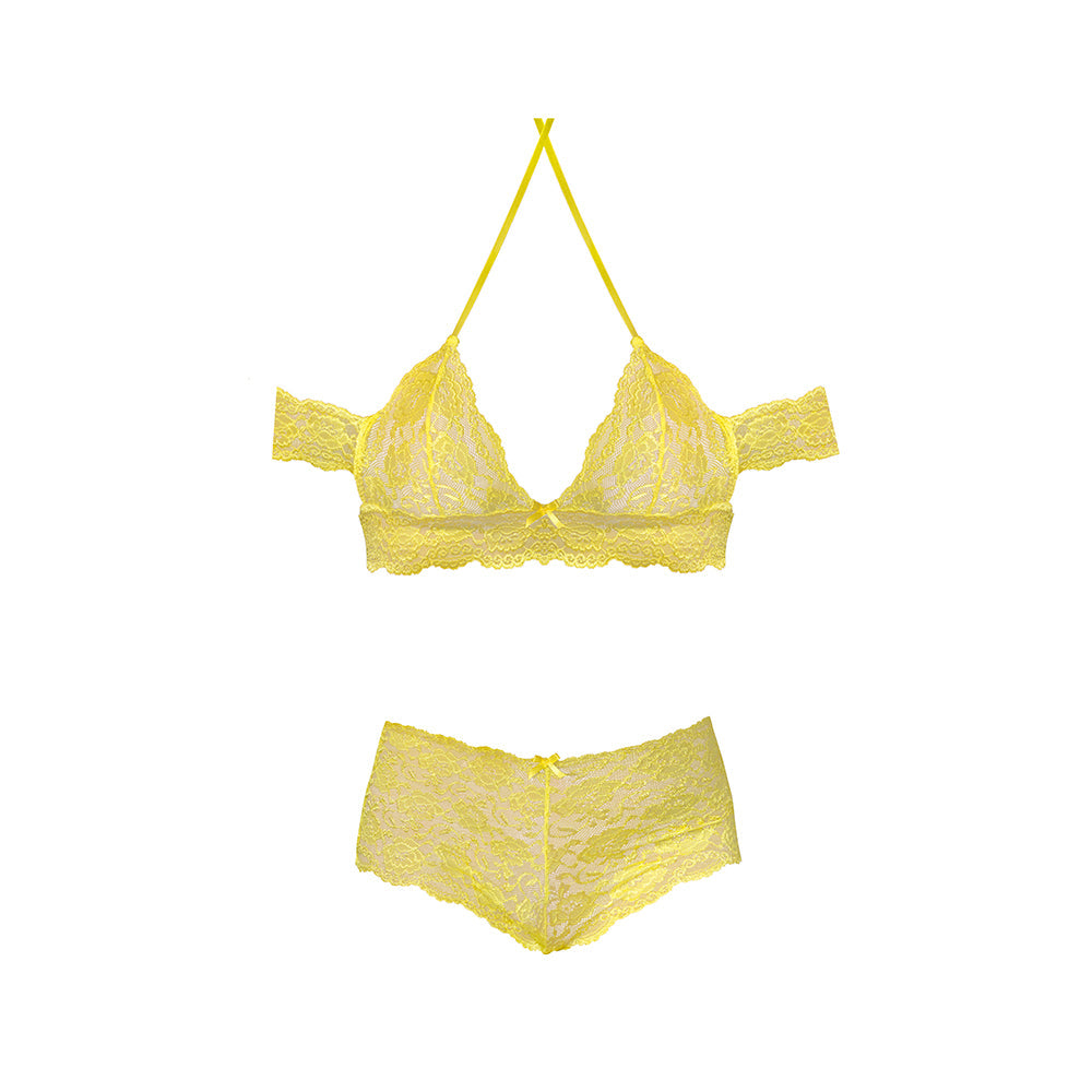 Magic Silk Daffodil Dreams Bardot Sleeve Halter Top & Boy Short Set Yellow S/M