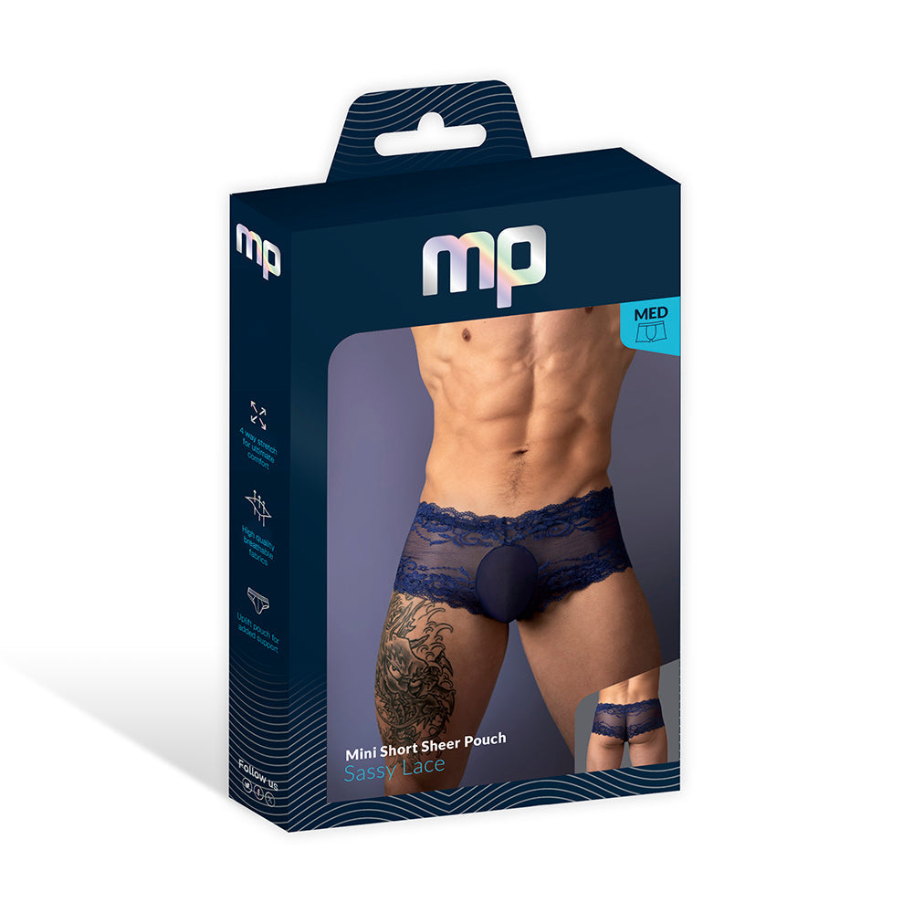 Male Power Sassy Lace Mini Short Sheer Pouch Navy L