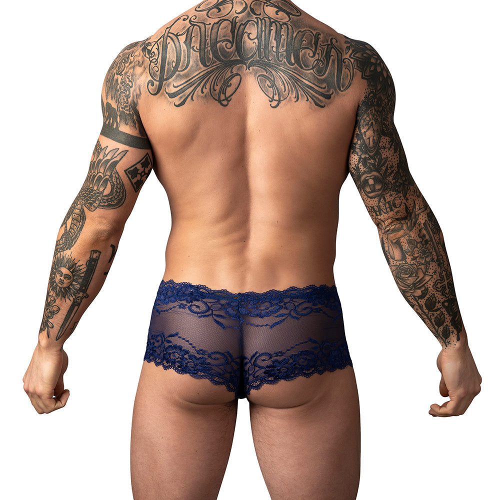 Male Power Sassy Lace Mini Short Sheer Pouch Navy L